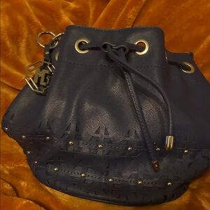 Navy Drawstring Shoulder Bucket Bag with Laser-Cut Detail